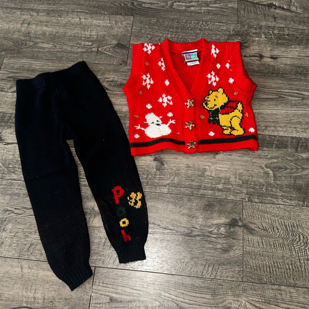 Vintage Disney Holidays Pooh Bear Knit Vest and Black Pants Set